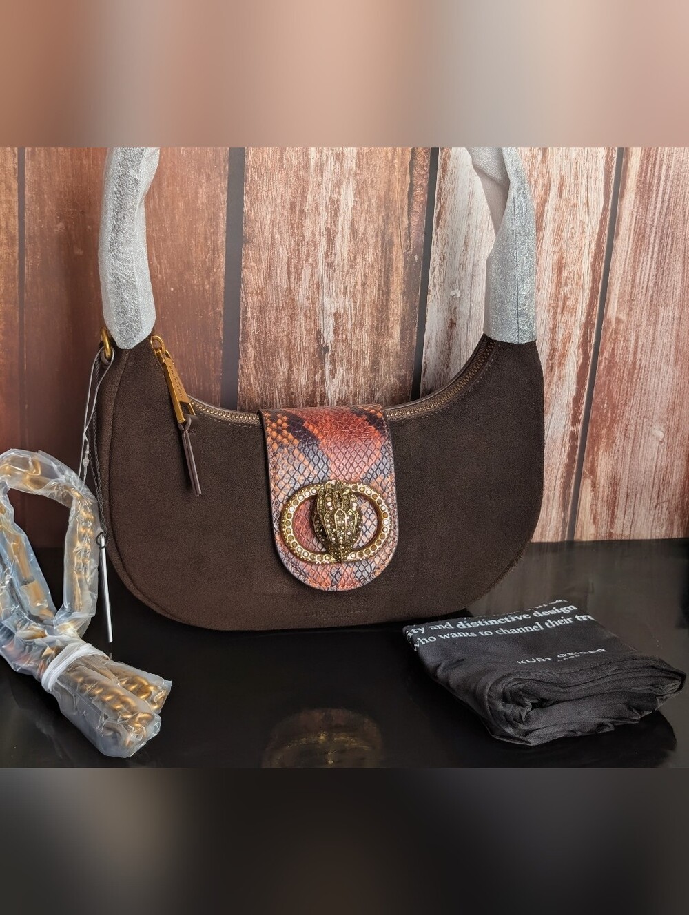 Kurt Geiger London Chelsea Brown Suede Snake Eagle Shoulder Bag NWT Dustbag Incl